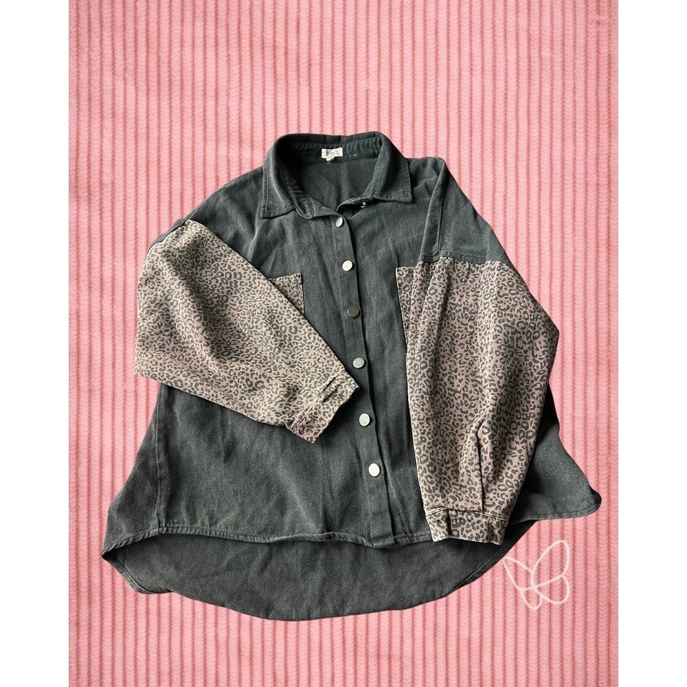 Pol Leopard Denim Shacket Jacket Washed Black Small Oversized Grunge SMT1165‎